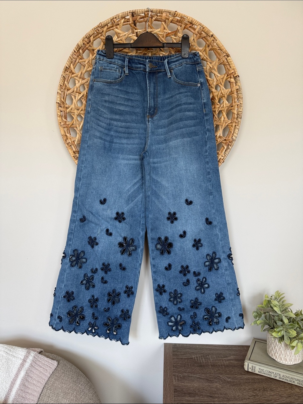 Oli & Hali Blue Wide-Leg Embroidered Floral Jeans